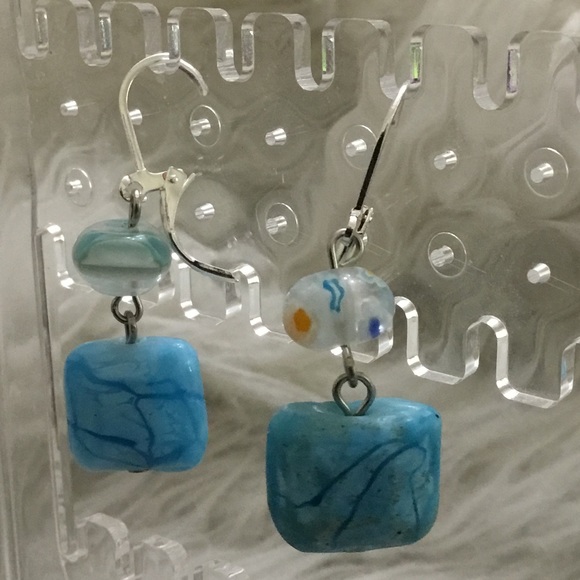 Handmade Blue floral glass earrings - Picture 4 of 5